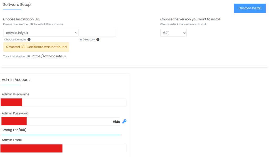 Setup Username, Password and Admin Email