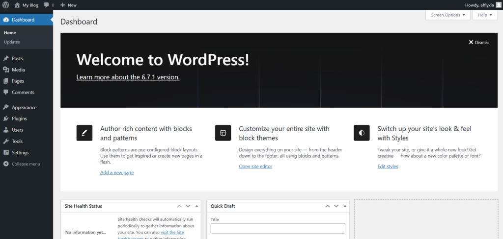 Build your website for free - WordPress Dashboard