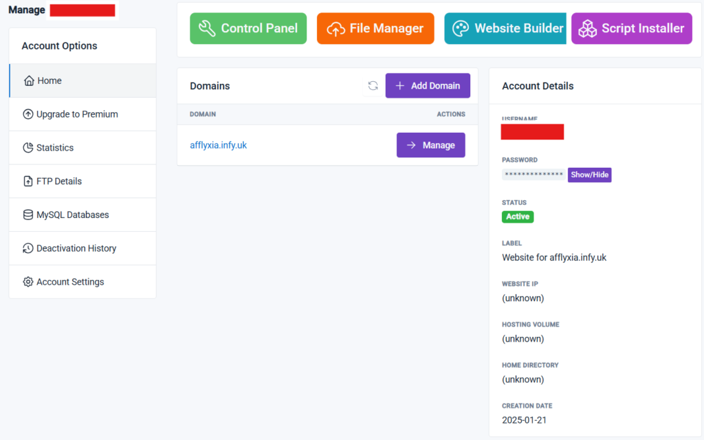 Hosting Account Dashboard